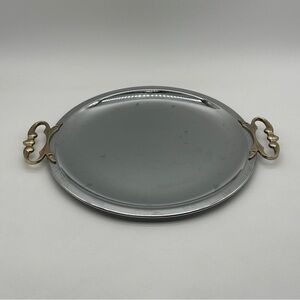 VTG KROMEX Serving Tray Dish Platter w/ Gold Brass Handles 13 3/8" Round USA MCM